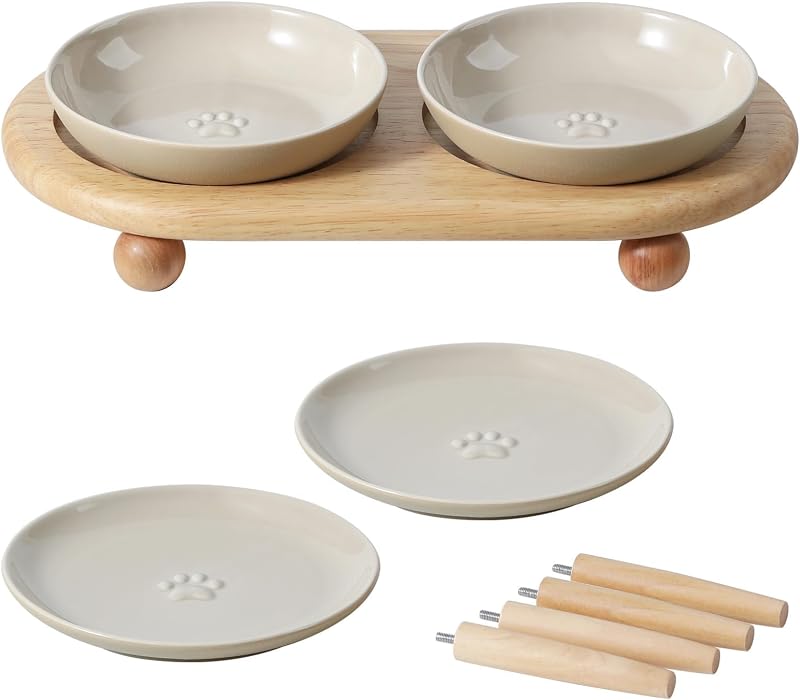 Elevated Cat Bowls, Cat Food and Water Bowl Set, Ceramic Cat Bowl | Raised Cat Food Bowls, Whisker Friendly, 5.6” Shallow Cat Dishes + 6” Wide Cat Plates, Non-Slip Wood Stand, Two Heights