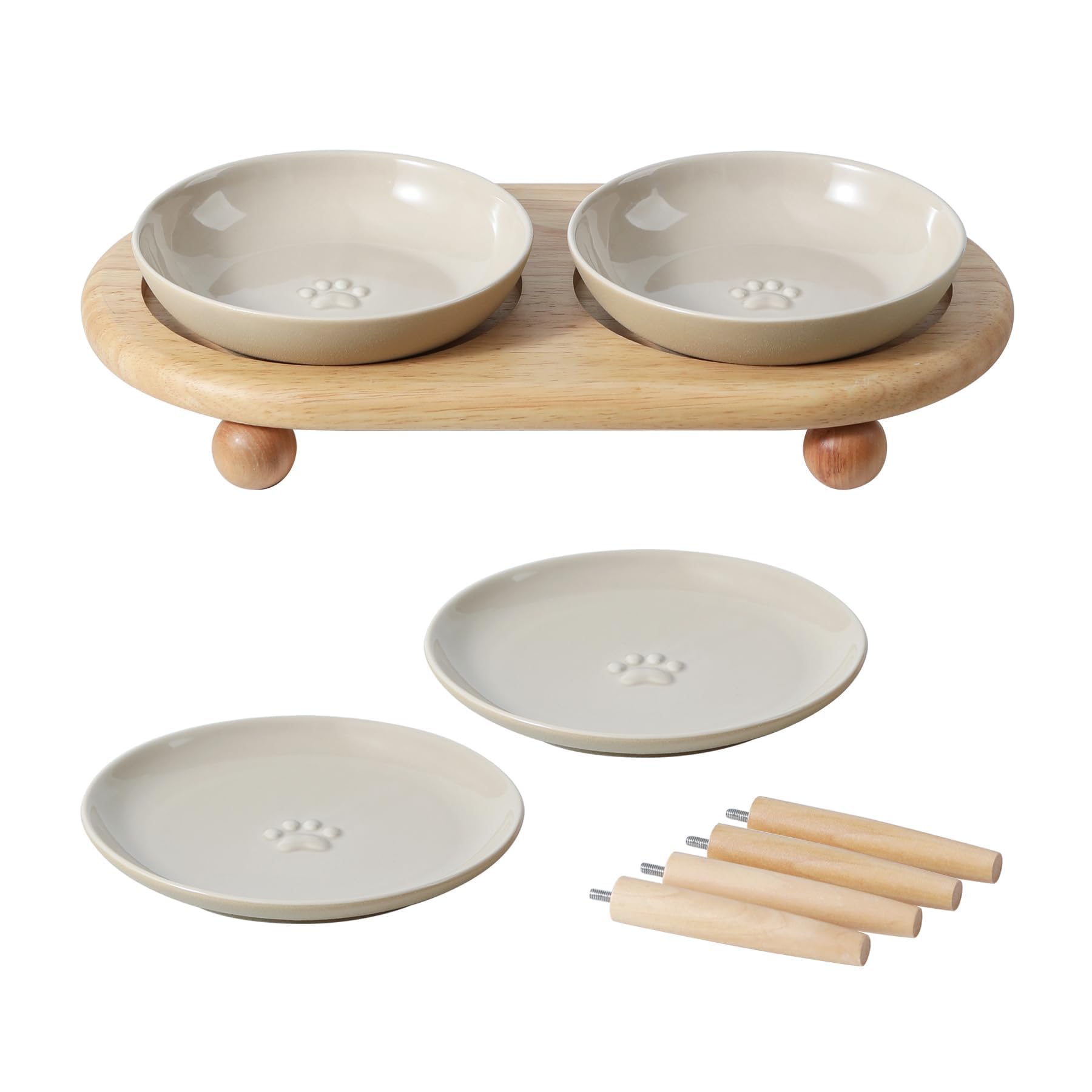 Havniva Podwyższona ceramiczna miska do karmienia dla kotów o szerokich wąsach, miska na karmę i wodę 2-stylowa, regulowana, anty-wąsowa, przeciw zmęczeniu (2 miseczki + 2 płaskie miseczki + stojak)