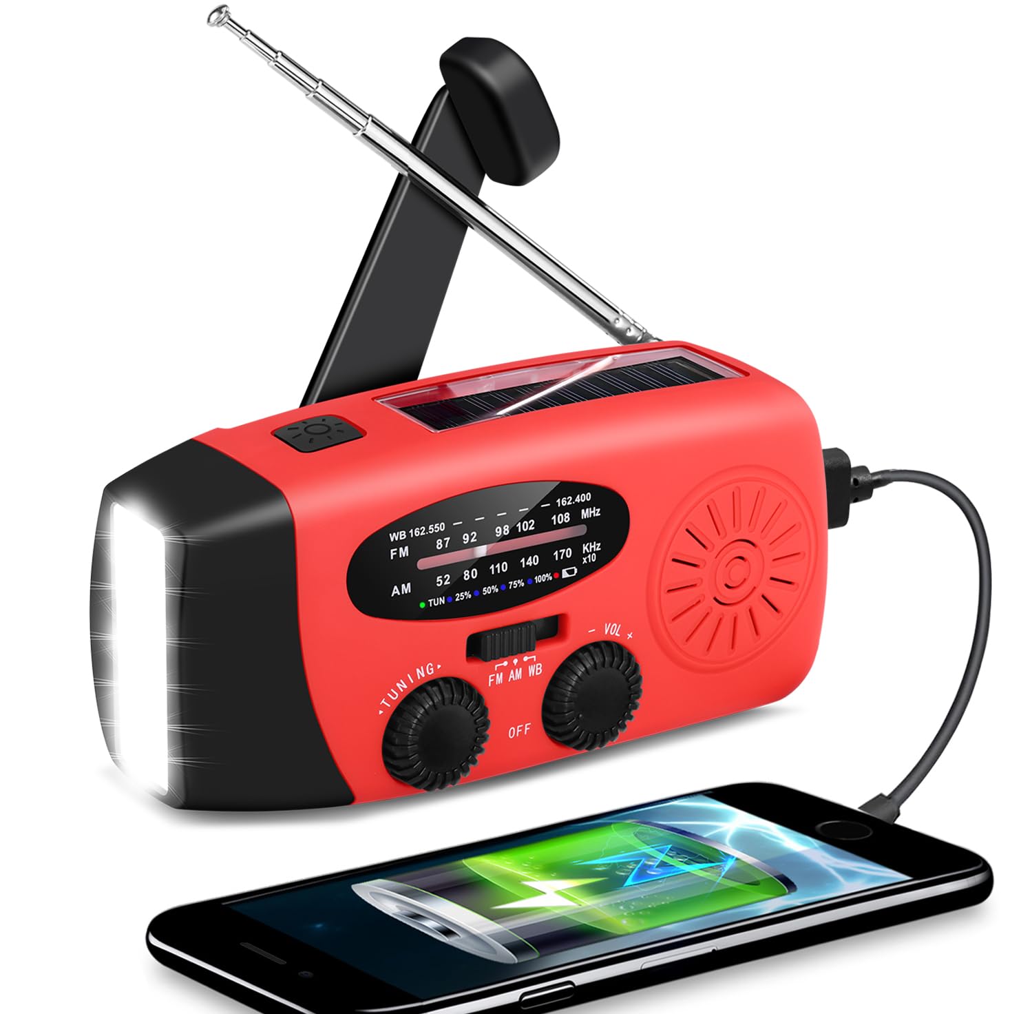 WenBelle Emergency Solar Hand Crank Radio,2000mAh Power Bank Smart Phone USB Charger,Portable Self Powered NOAA AM/FM Weather Radios,3 LED Flashlight,SOS Alarm Radio for Indoor Survival Camping (Red)