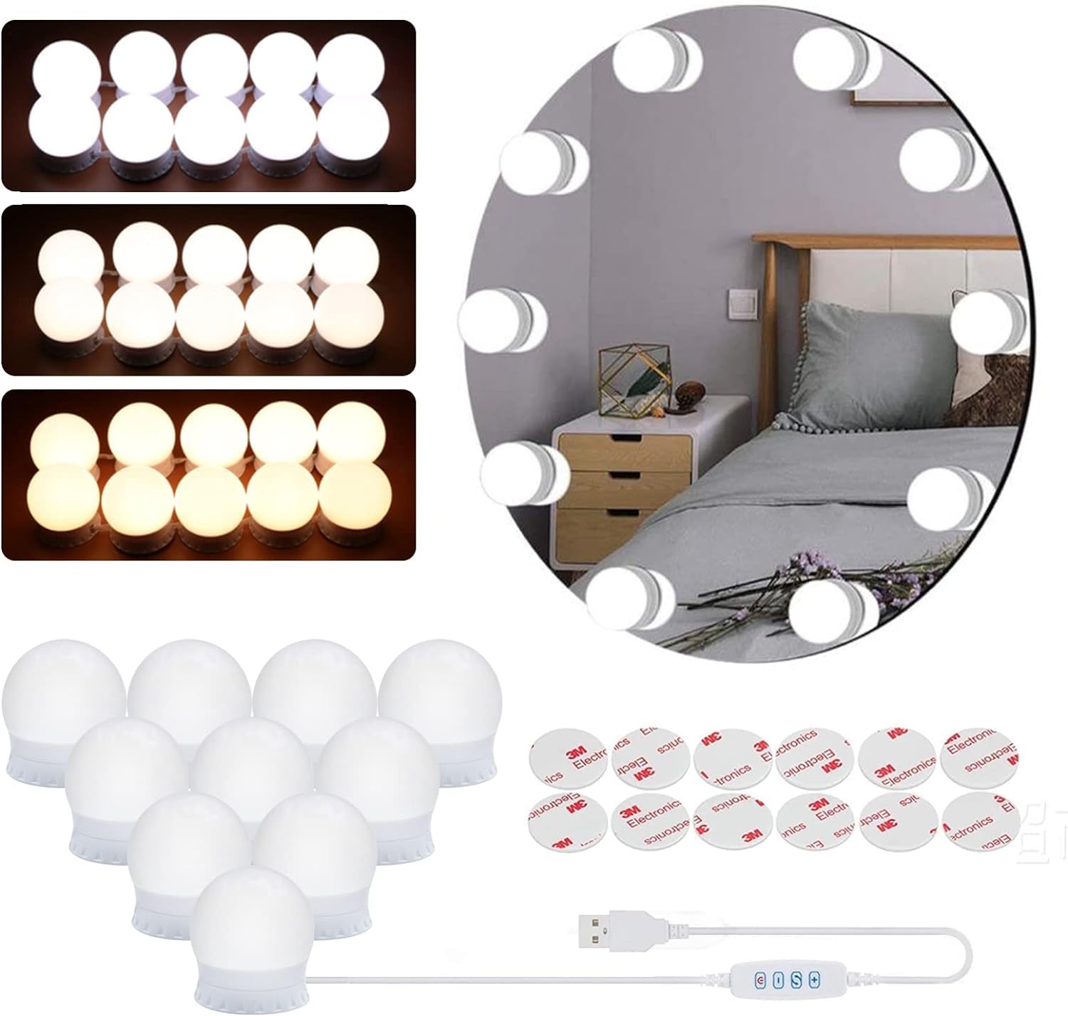 Towwoo Luces de Espejo Maquillaje, LED Estilo Hollywood con Interruptor y USB Cable, 10 Bombillas Regulables, 3 Modos de Color y 10 Brillo (Sin Espejo)