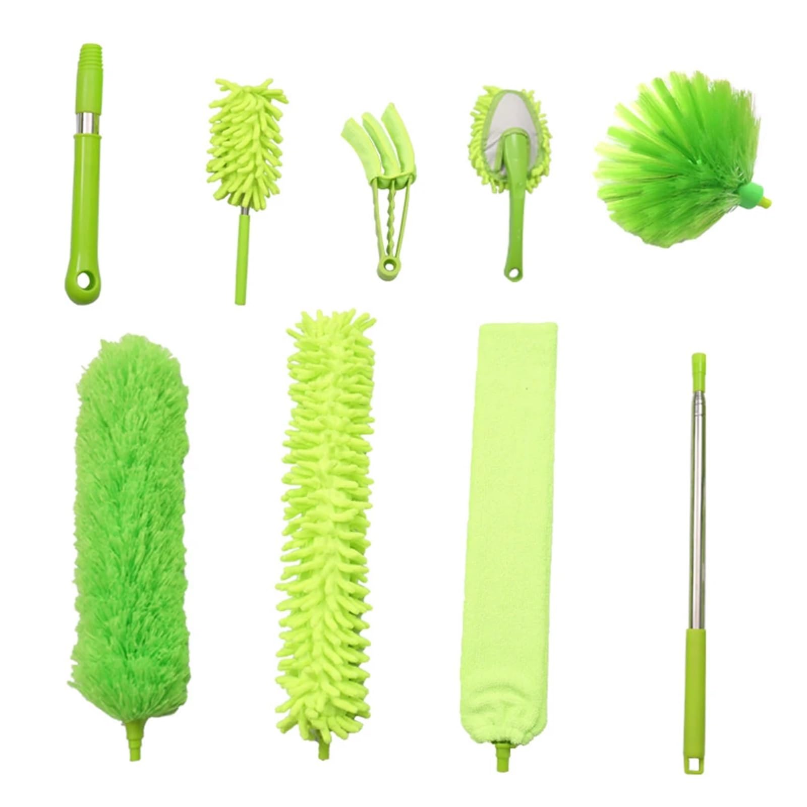 Plumero Telescopico Extensible Plumero electrostático retráctil, Manta quitapolvo, Juego de cepillos extendidos, Herramientas de Limpieza, 9 Piezas(Green)
