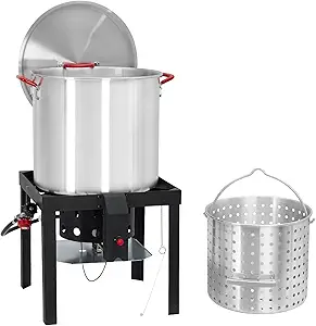 Outdoor Fryer, 100 Qt Seafood Boil Pot with Basket & Burner, Fish Fryer Boiler Steamer Set, Aluminum Propane Seafood Boiler with 10 PSI Regulator, 110,000 Btu, Crab Crawfish Boiler