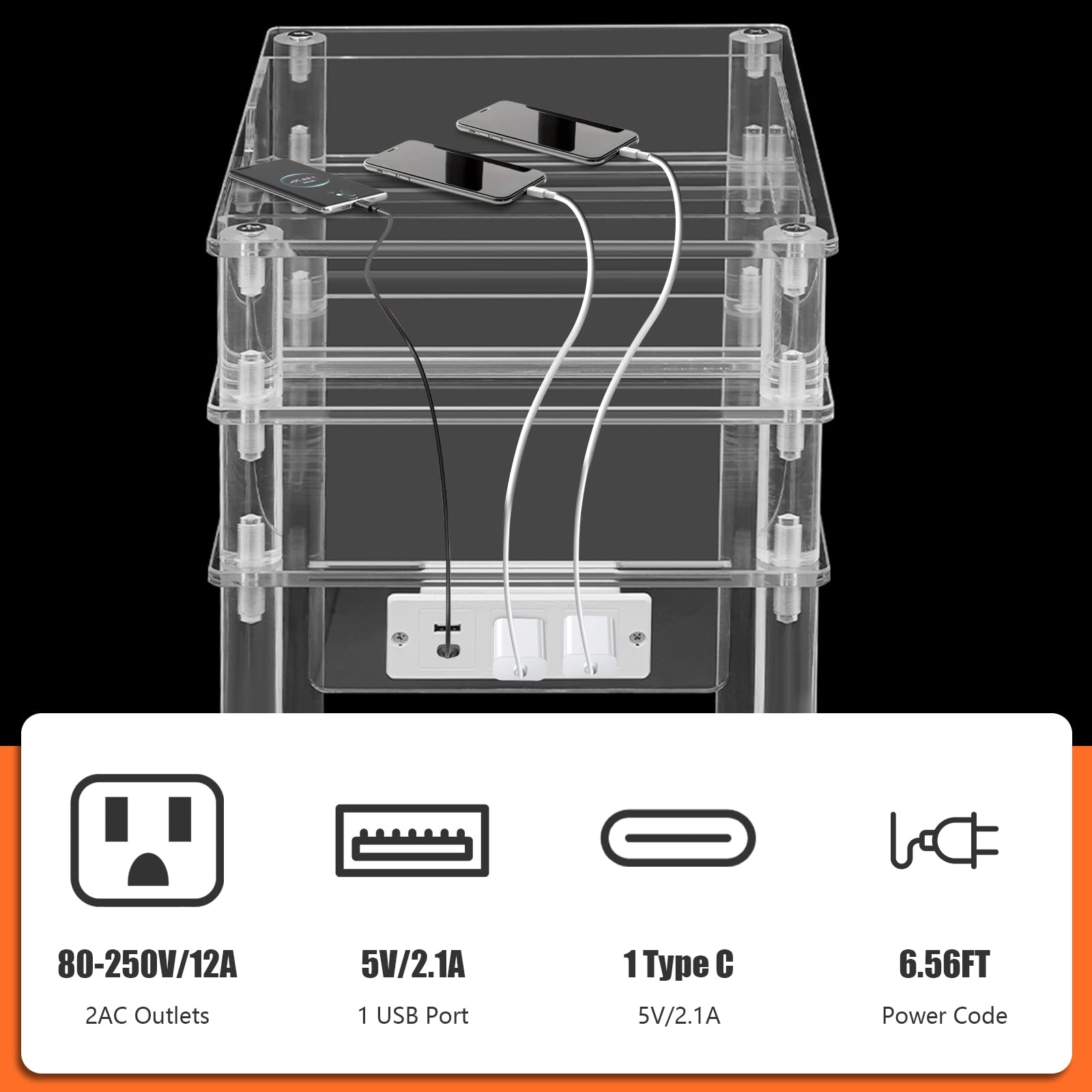Support d'imprimante moderne en acrylique transparent avec ports USB, table d'imprimante multifonction avec roues et tiroir pour la maison, le bureau, le salon, la chambre à coucher