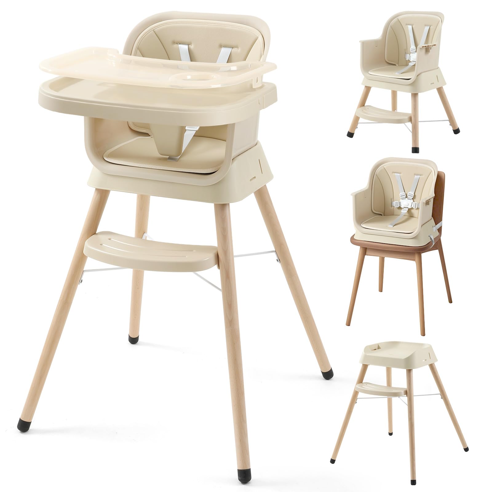 3-in-1 Convertible Baby High Chair, Booster Seat for Dining Table, Wooden High Chair for Babies and Toddlers, Easy Clean Infant Highchair with Removable Double Tray & 5-Point Harness, Beige