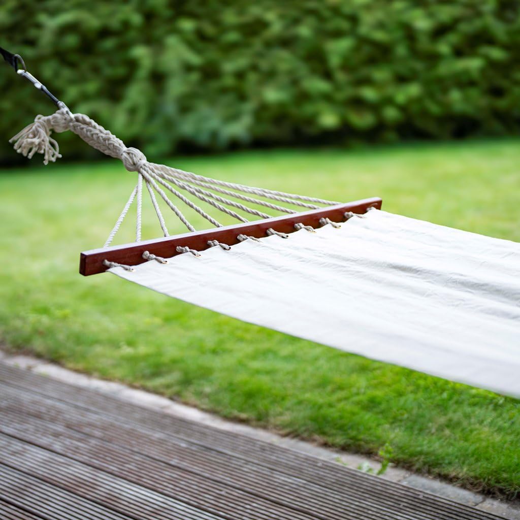 Hängematte aus Canvas-Baumwolle mit Holzblende – 280x100 cm – Robuste Garten-Hängematte für 1–2 Personen – Naturfarben – Für Outdoor & Indoor Garten