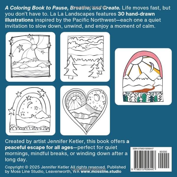 La La Landscapes: Slow down and find stillness with this calming coloring book of hand-drawn, nature-inspired landscapes--simple and easy designs for all ages to relax, unwind, and spark joy - Image 2