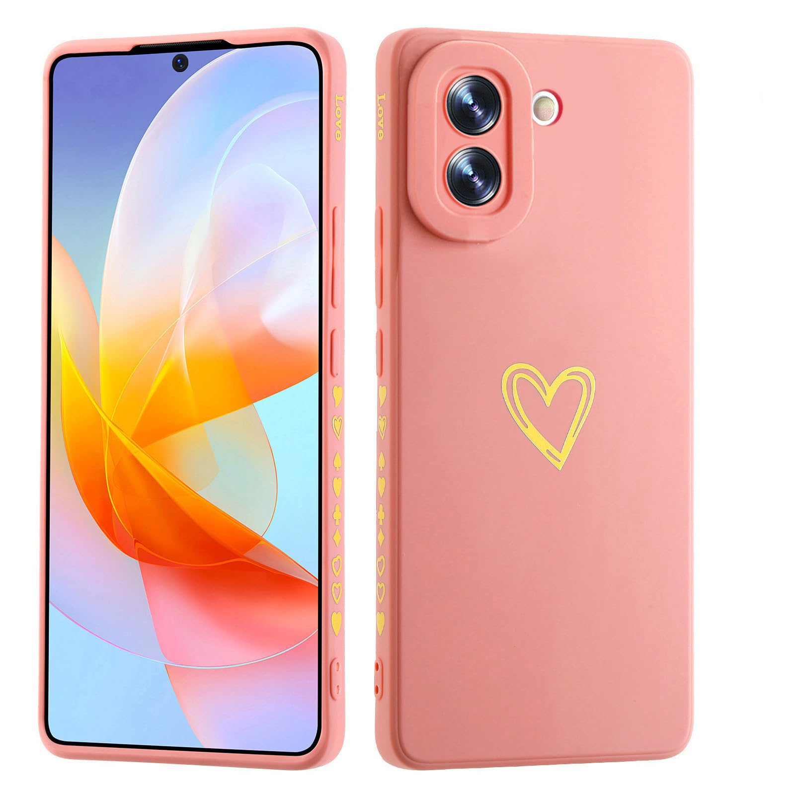 Jeelar ESONG Silikon Handyhülle für OnePlus Nord CE5 Schutzhülle mit Süße Liebe Herzform für Mädchen/Frauen,UltraDünn Bumper Telefonhülle Cover mit Handschlaufe,kameraschutz Case Rosa