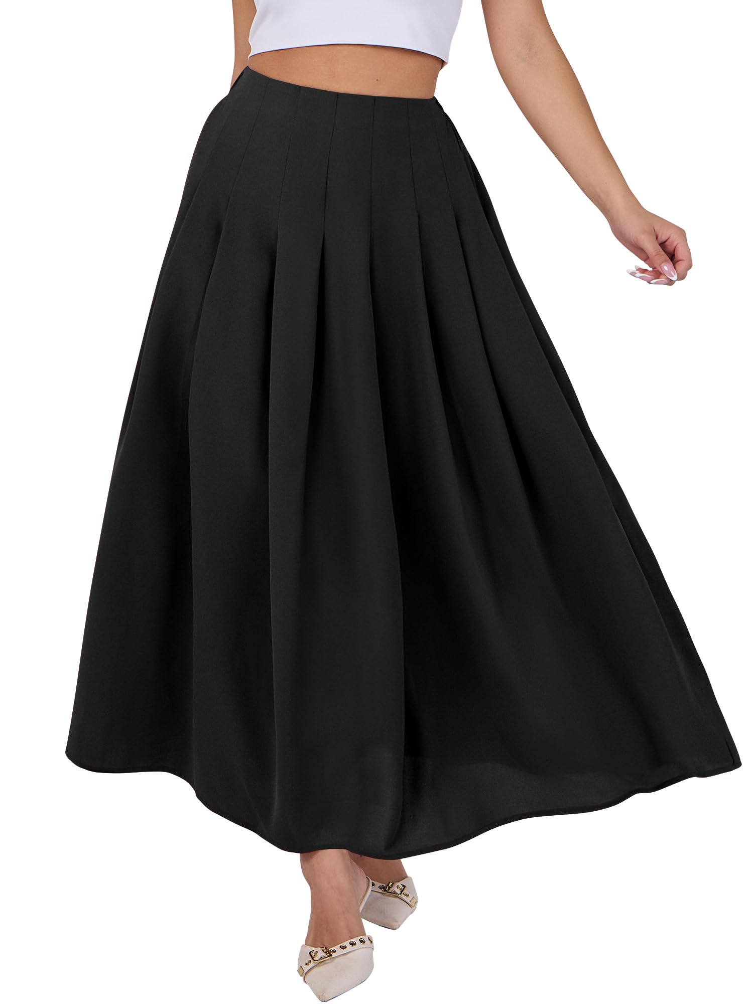 Women A-Line Pleated High Waist Maxi Skirt Full Ankle Length Flowy Swing Elegant Dressy Casual Work Long Skirts
