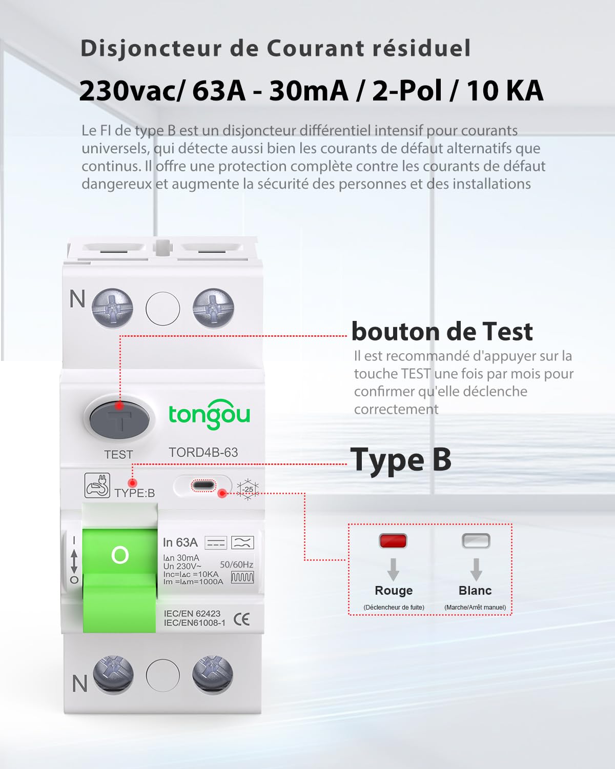 TONGOU Disjoncteur Différentiel 30mA 63A Type B 230V 1P+N - Conçu pour les Bornes de Recharge de Véhicules Électriques et les Systèmes Photovoltaïques