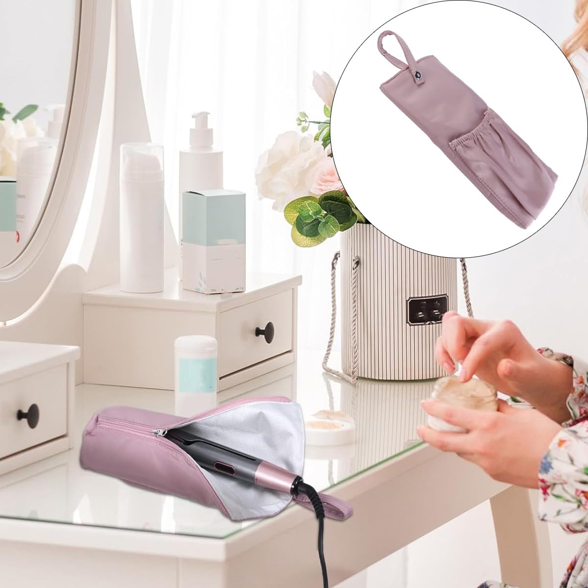 Bolsa para rizador de pelo, resistente al calor, estuche de viaje para el hogar, color rosa claro