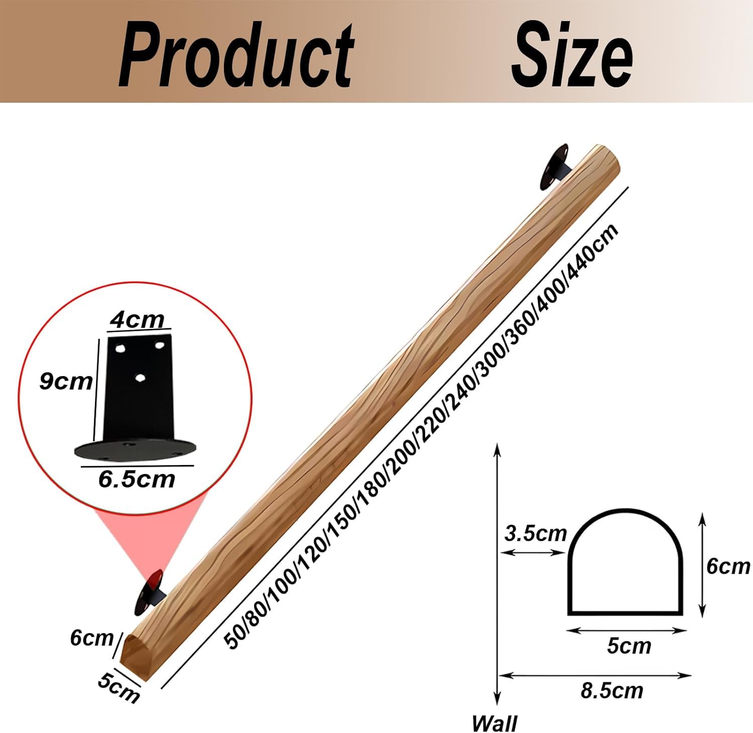 Pasamanos De Escalera De Madera De 50-600 Cm, Apoyabrazos De Seguridad Para Personas Mayores Montados En La Pared, Parapeto Para Pasillos, Barandillas Para Terrazas De Lofts (C, 50cm)