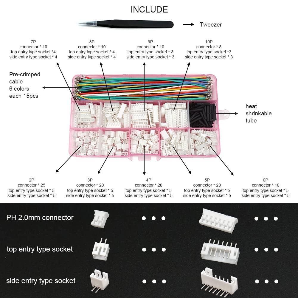Harrisen Set 1330 Connettori JST-PH 2.0 Mm - Kit Maschio/Femmina 2-10 Pin Per Stampanti 3D E Arduino