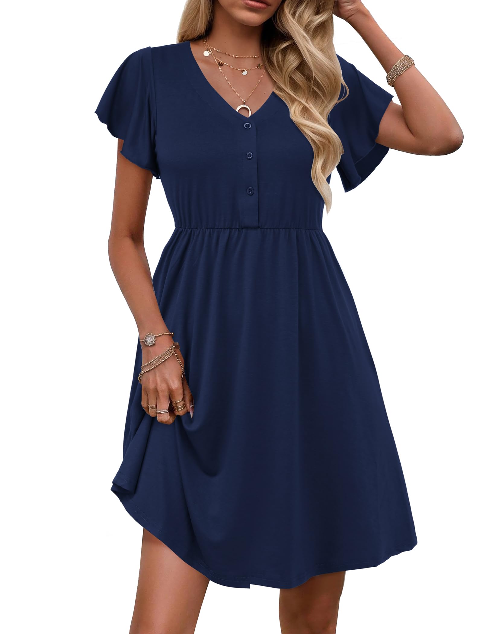 Zeagoo Kleider Damen Kurzarm V-Ausschnitt Sommerkleid Tunika Kleid Elegant Swing Minikleid Freizeitkleid Marineblau S