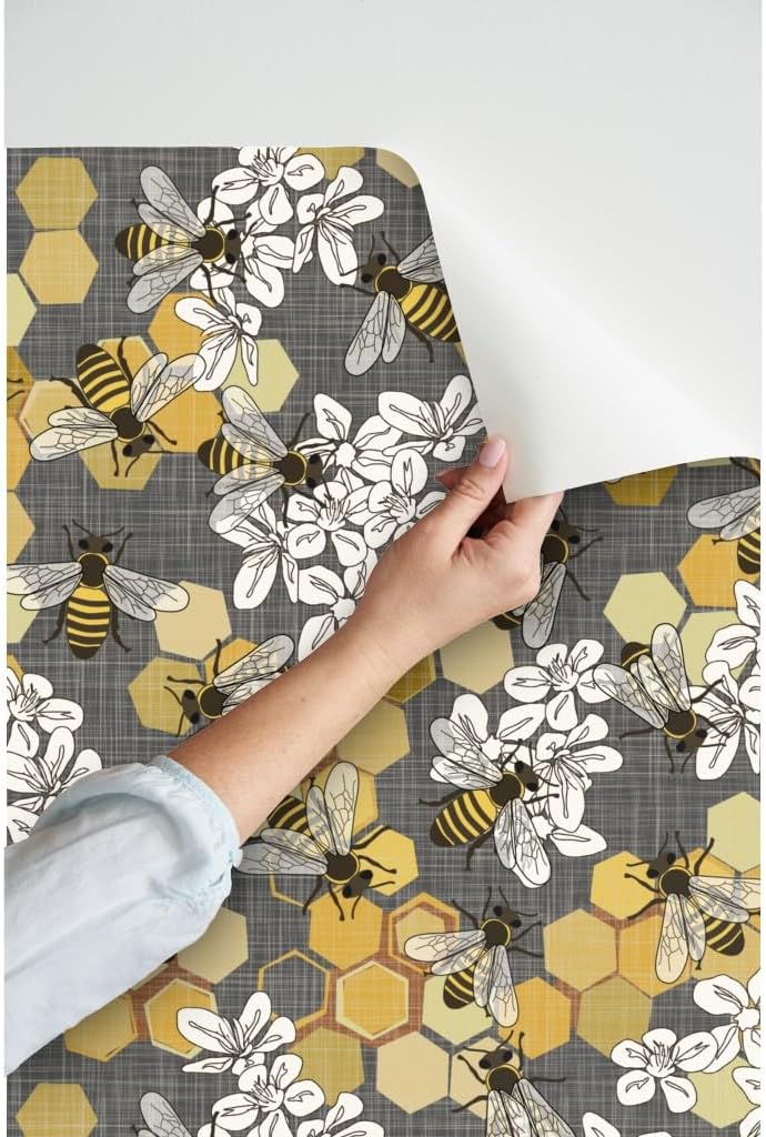 Spoonflower Peel & Stick Wallpaper Swatch - White Floral Nature Modern Yellow Insects Honey Bees Grey Custom Removable Wallpaper