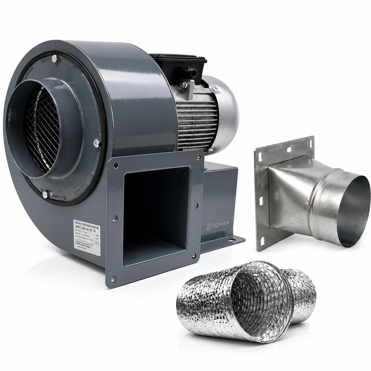 UZMAN Ventilatore radiale OB200M + 4 flangia angolare e tubo in alluminio flessibile, ventilatore di aspirazione, ventola di aspirazione per uso industriale e commerciale e domestico