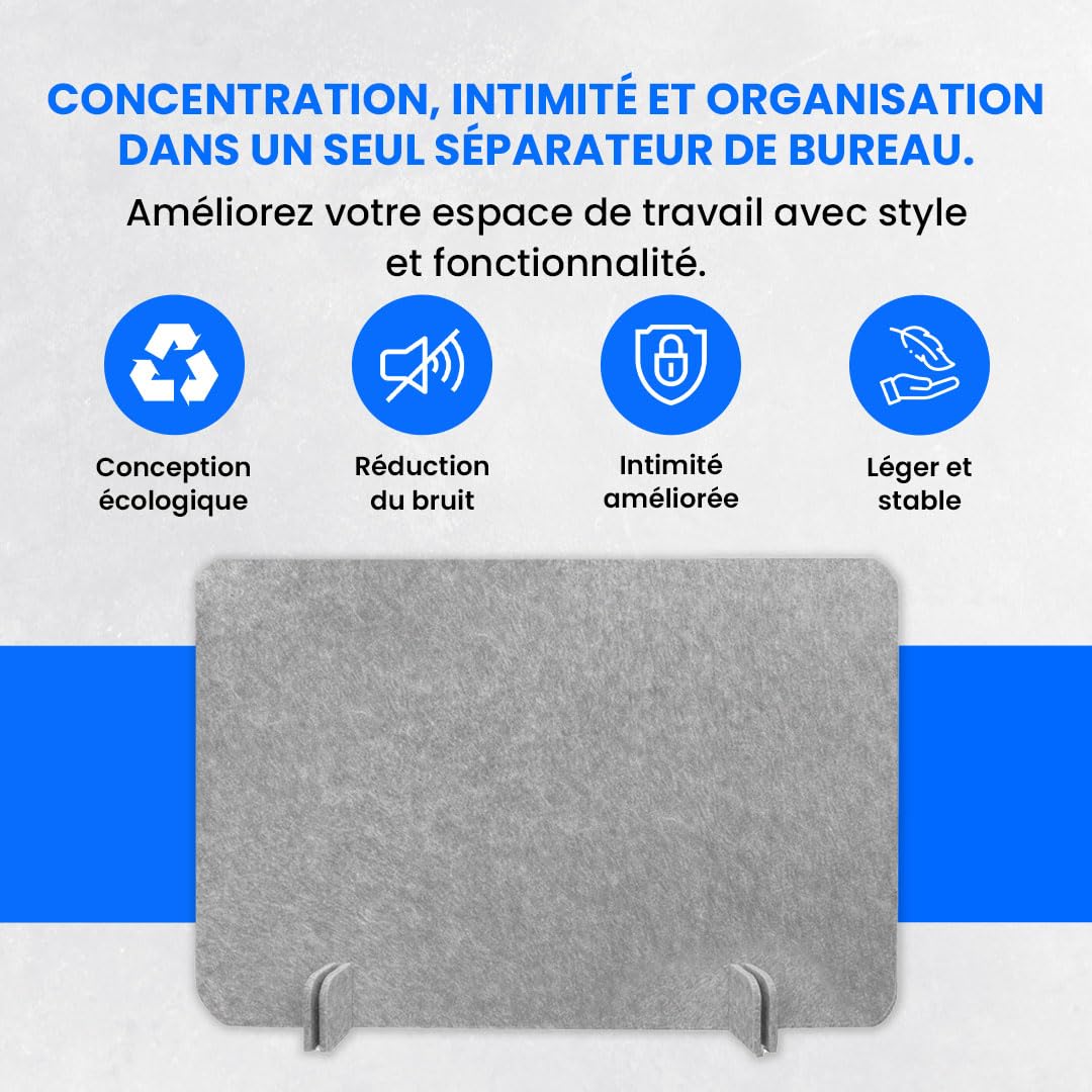 Cloison de bureau ReFind. Réduction acoustique du bruit et écran de confidentialité pour l'espace de travail. Organisateur de bureau autonome. Pour bureau, école et télétravail. [50cm x 80cm]