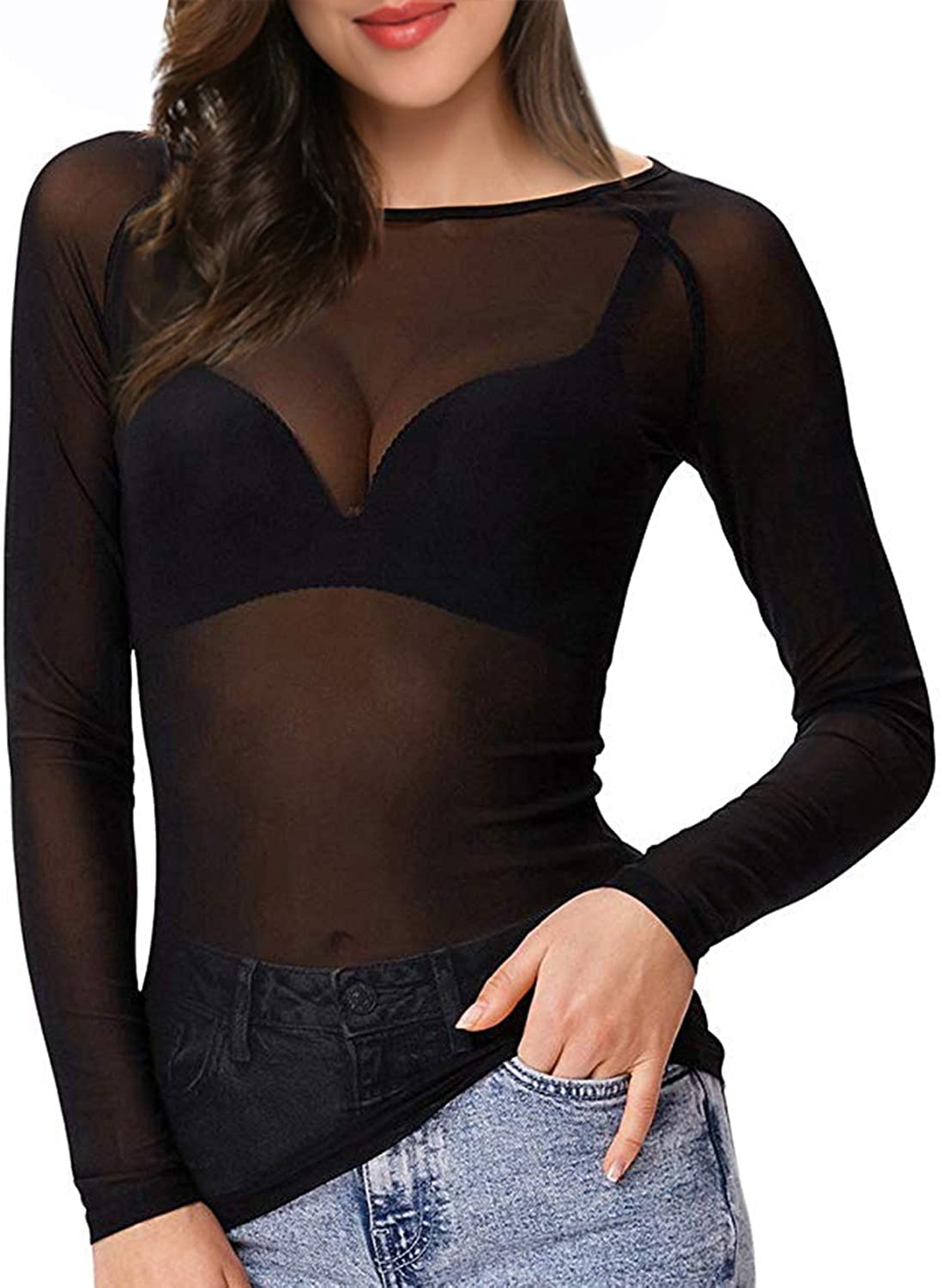 GirlzWalk Women's Tops Sexy T-Shirt Clubwear Long Sleeve Tops Mesh Sheer See Through Bodysuit Long Sleeve Tops Tee Transparent Tunic (XXL, Black)