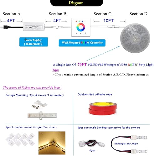 Miniatura 2 de RGBW Controlador de panel táctil montado en la pared 70 piesrollo RGB+blanco cálido 60LEDsM 24V al aire libre impermeable 5050 tira de luz LED kit