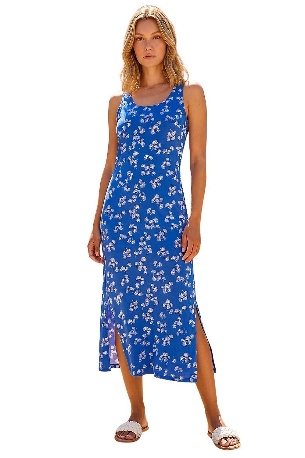 Roman Originals Women's Blue Floral Print Jersey Maxi Dress - Spring Daywear Summer Holiday Square Neckline Side Split Comfy Dresses - Size 18