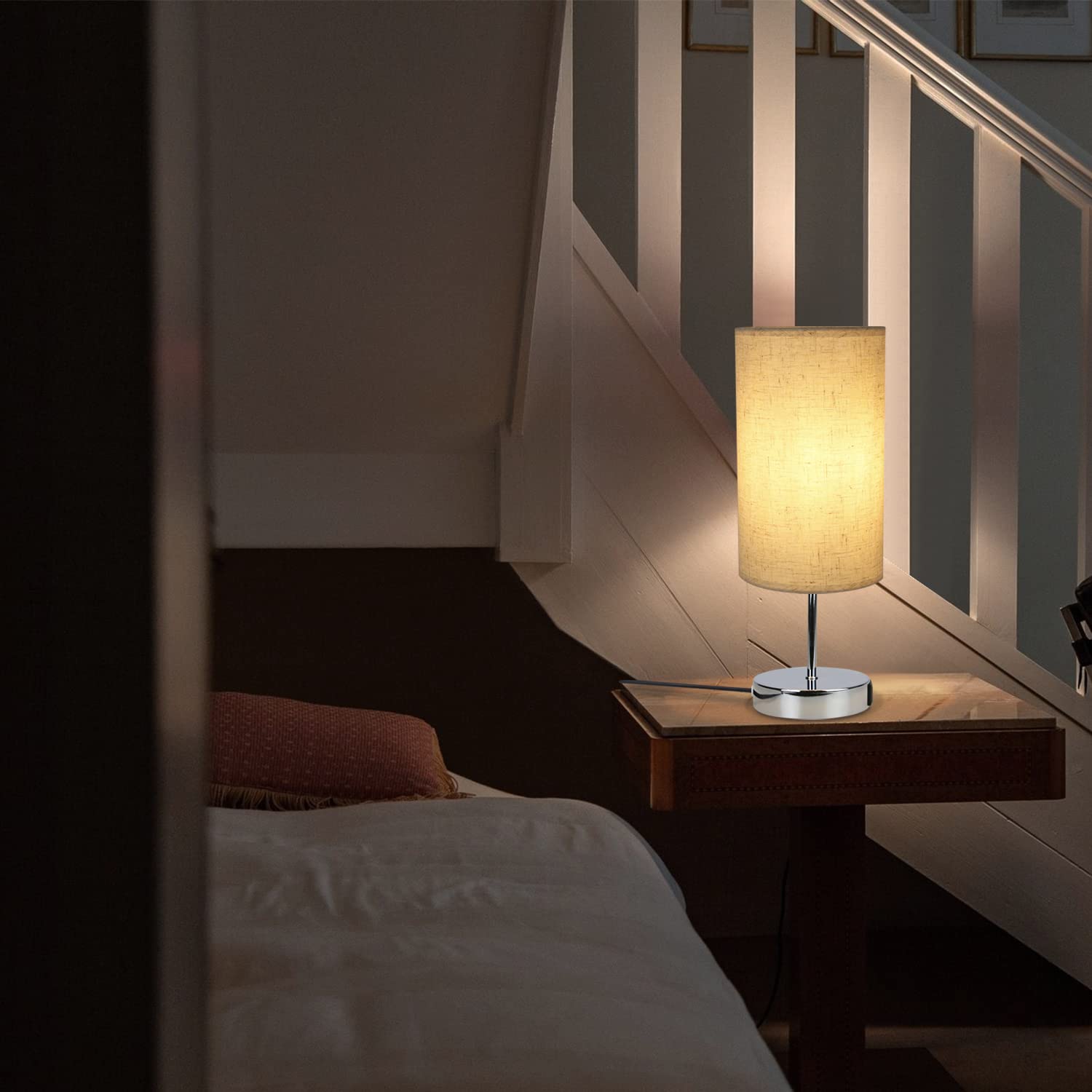 GBLY Nachttischlampe Touch Dimmbar 2er Set Modern Tischlampe mit USB | Anschlüsse, Schlafzimmer Nachttisch Lampe mit Ladefunktion, Chrom Bettlampe mit Stoffschirm, Tischleuchte E27 für Hotel Bett