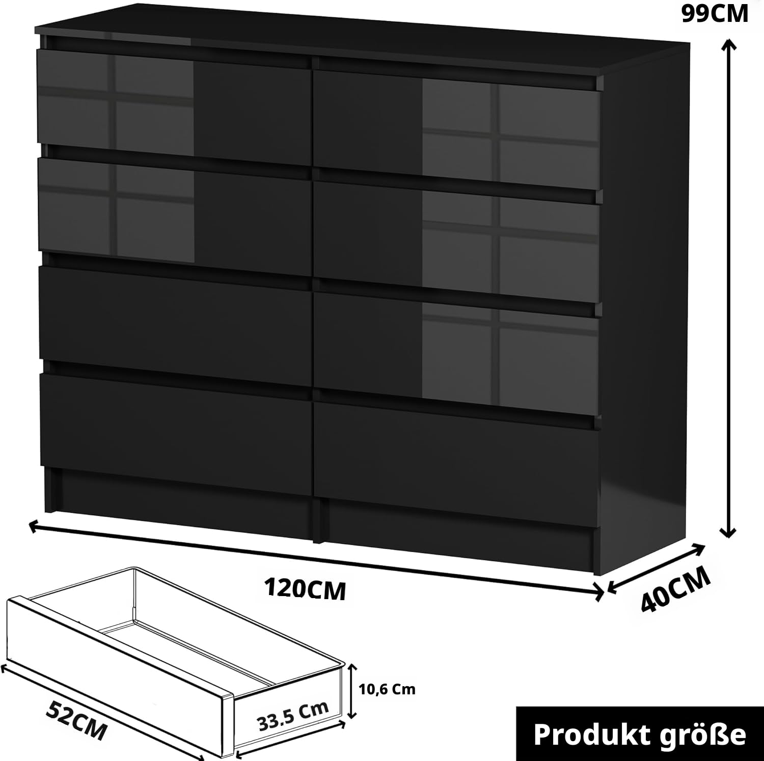 LSLIFE Weiße Kommode mit 6/8 Schubladen Hochglanz Schlafzimmerschrank Nachttisch Sideboard Stauraum Möbel für Wohnzimmer Büro Flur (Black 8 Drawer)