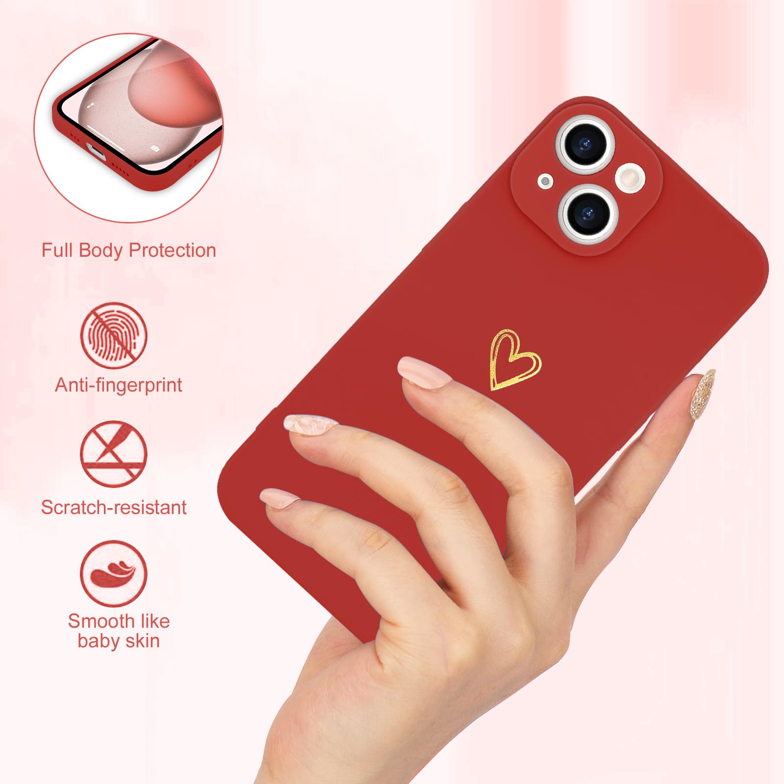 Wirvyuer for iPhone 15 Plus Case Cute Heart Pattern Soft Shockproof Protective Silicone Phone Case for Women Girls Bright Red - Image 3