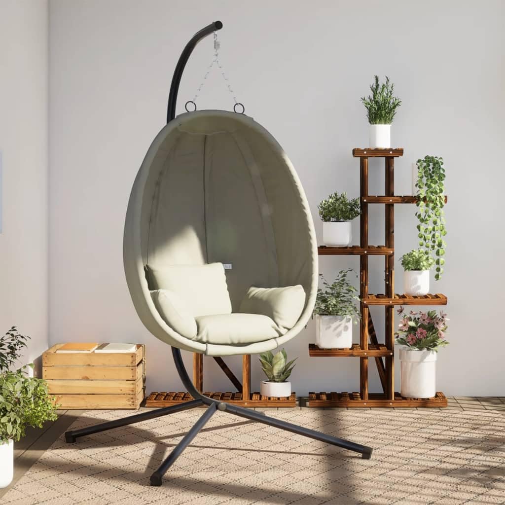 Silla colgante con diseño de huevo con soporte, tela beige y acero, silla colgante para salón, balcón, columpio exterior o interior, sillón para adultos