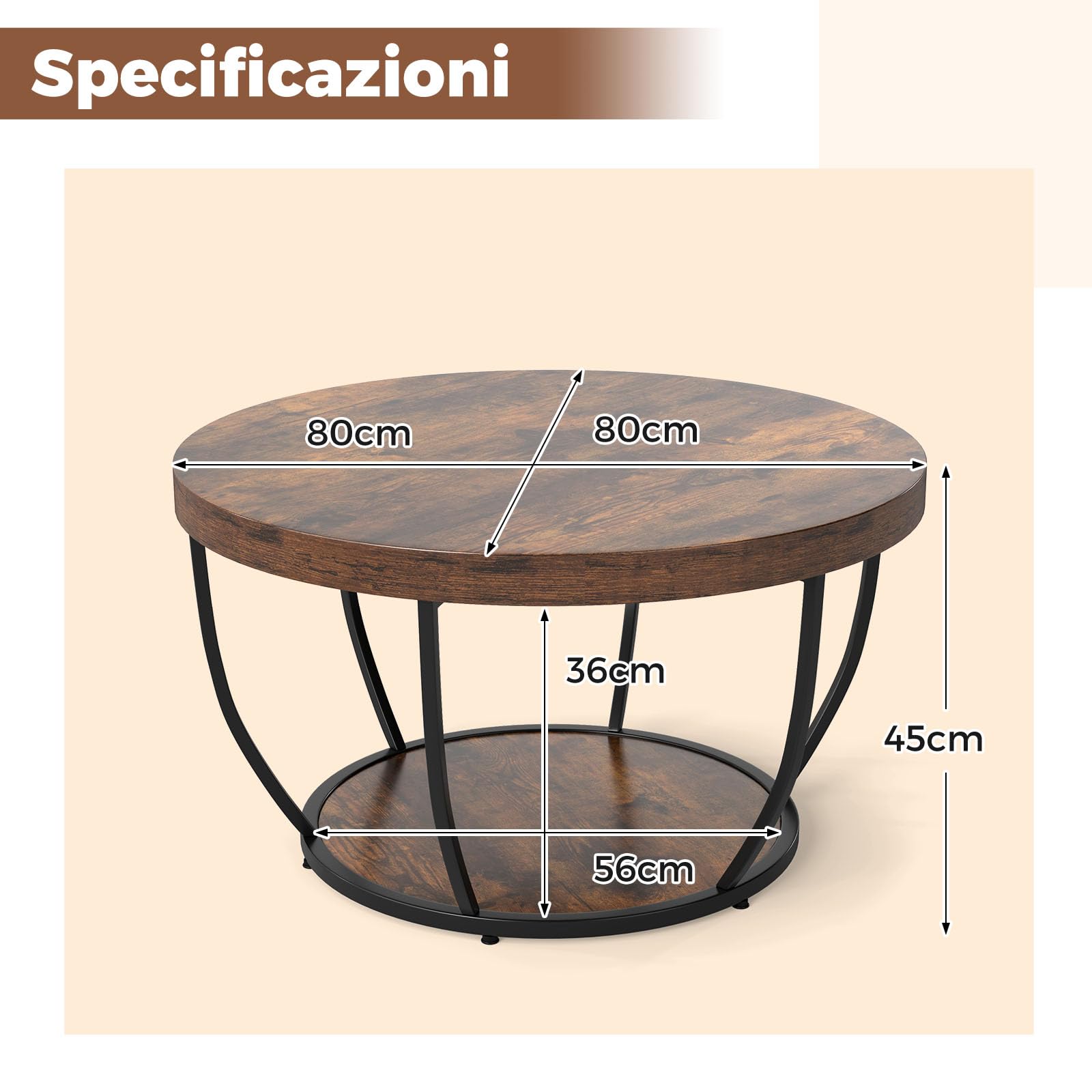 COSTWAY Tavolino da Caffè Rotondo a 2 Ripiani, Tavolo da Salotto in Legno con Struttura in Metallo, Tavolino Soggiorno Industriale con Piedini Regolabili, 80 x 80 x 45 cm (Marrone scuro)