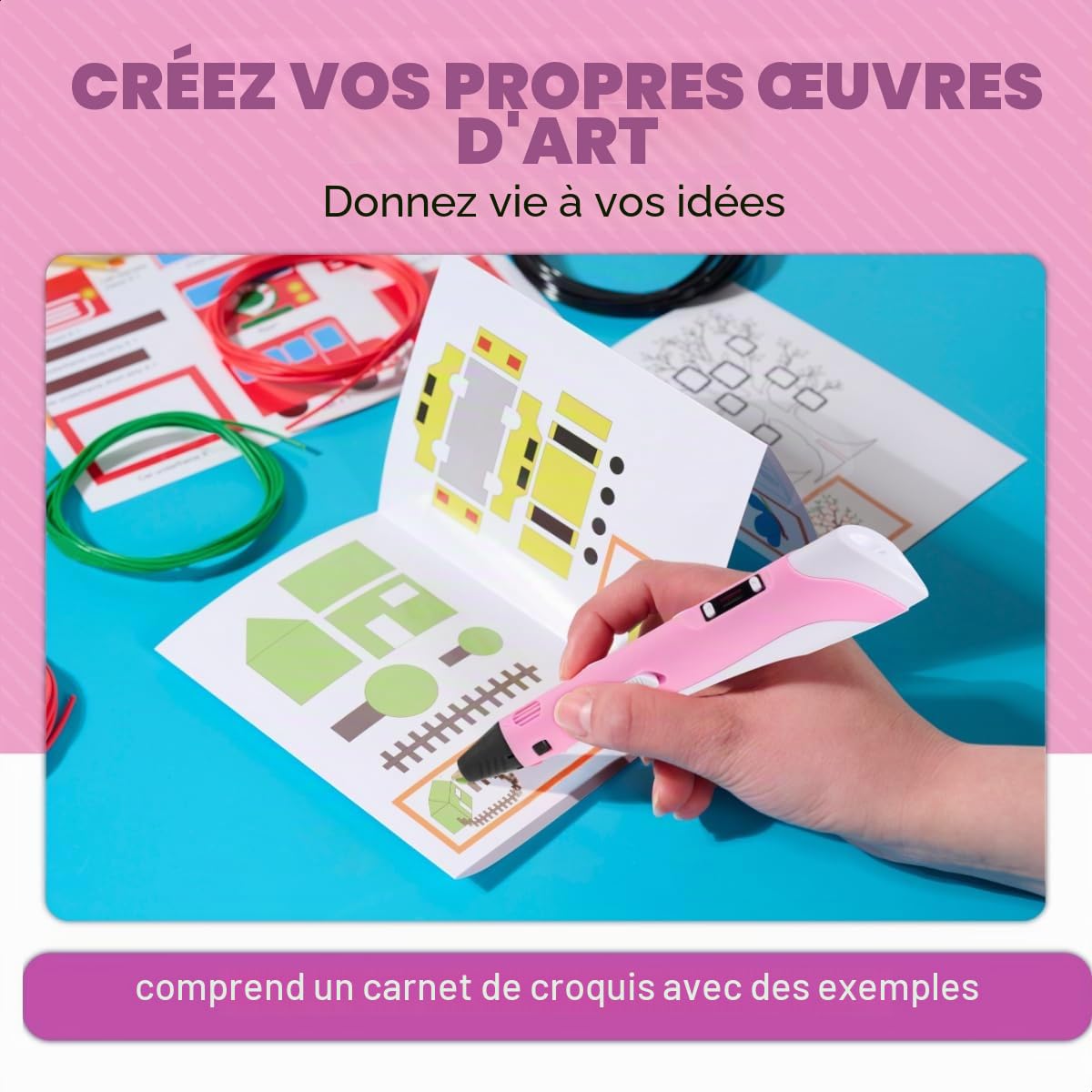 Kit de démarrage pour imprimante 3D - Cadeau pour enfants XXL - Avec filament PLA de 140 m et accessoires (rose)