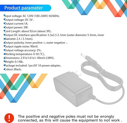 Miniatura 6 de Fuente de alimentación de 5 voltios 1A Adaptador de 5 W ACDC AC 100V-240V a DC 5V 1000mA 0.5A Convertidor Reemplazo DC Cable de alimentación 0.217