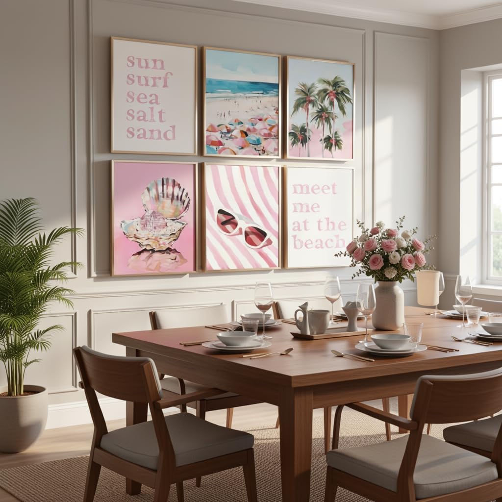 6Pcs Pink Beach Canvas Wall Art Coastal Palm Tree Ocean Posters Prints Summer Aesthetic Surf Sea Quote Pictures Wall Art Modern Boho Beach Paintings for Bedroom Living Room Bathroom 12''x16'' Unframed