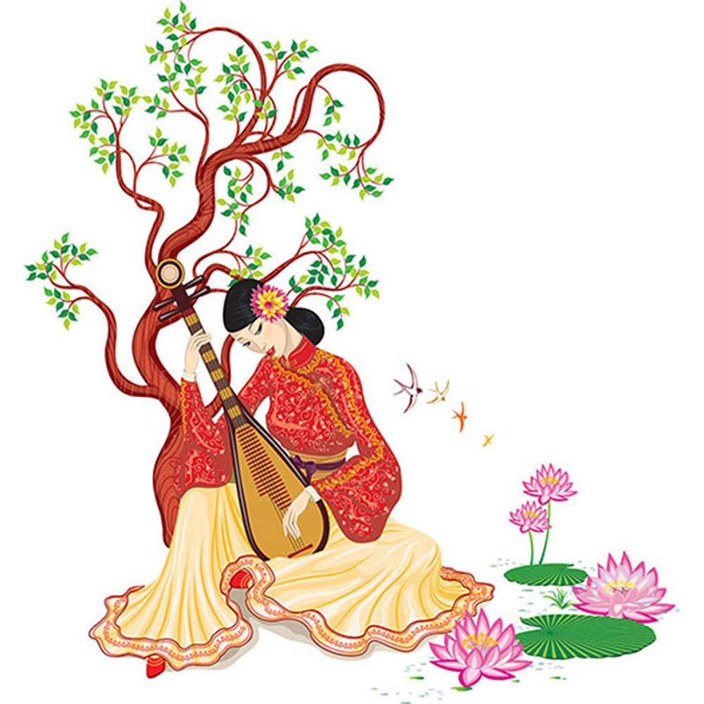 AH Decals Chinese Girl Playing Lute Under The Tree Vinyl Wall Sticker (0.39 x 43.3 x 43.3 Inches, Multicolour)