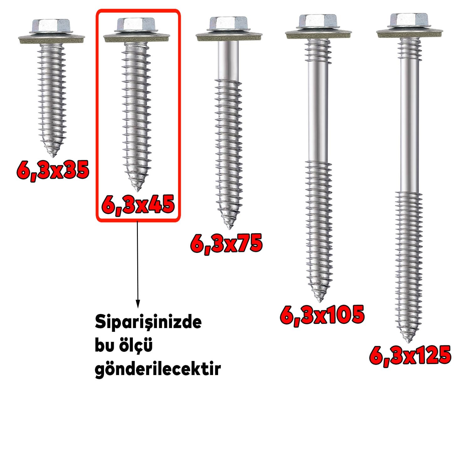 Badem10 Betofast Vidası 6.3x45 Paket 100 ADET Sivri Uçlu Çatı Panel Beton Ağaç Vidası