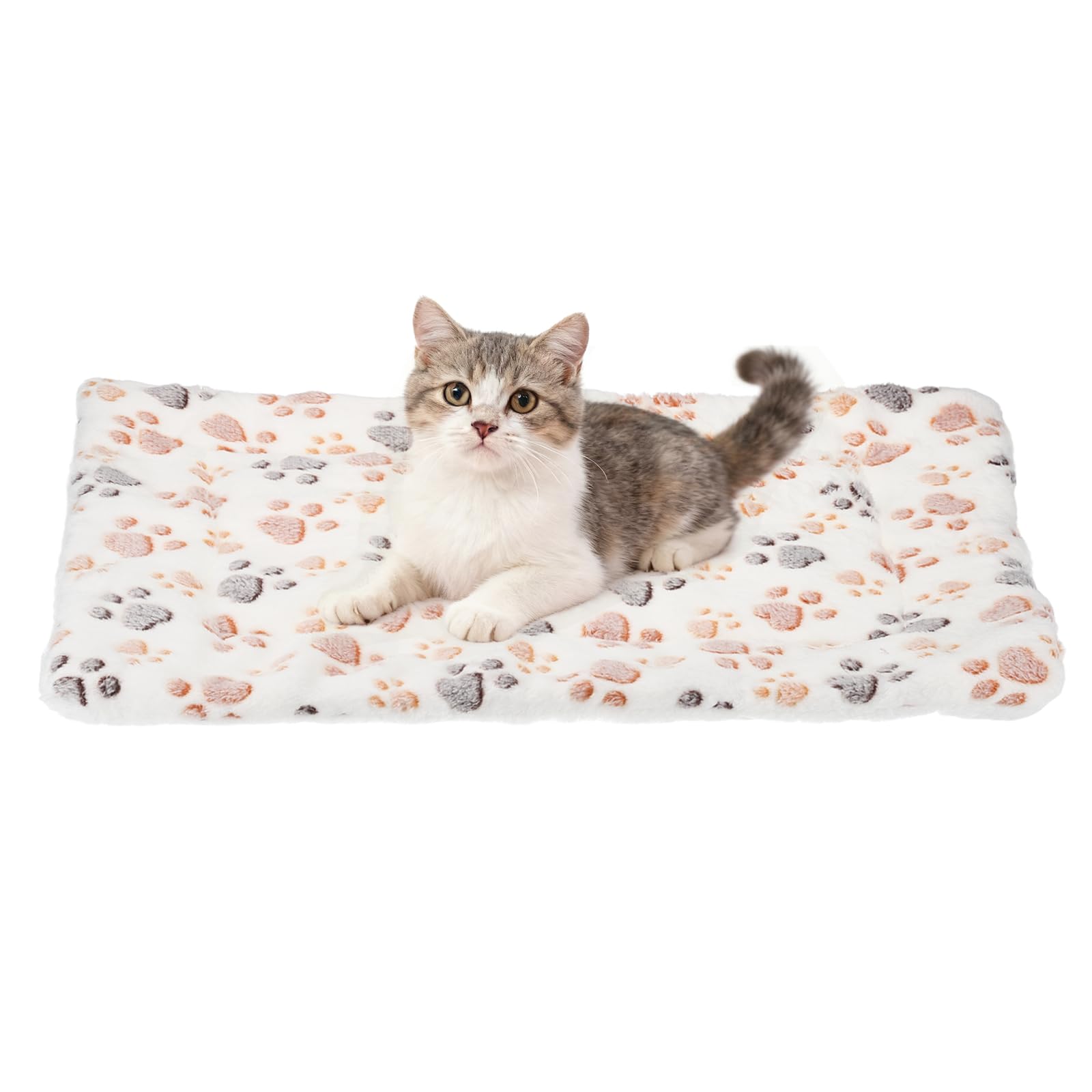 sourcing map Dog Cat Bed Mat, Soft Coral Fleece Pet Cushion Pad with Cute Paw Print, Warm Washable Pet Bed 21x14 Inches, (White), Intended for Medium Small Dog Cat