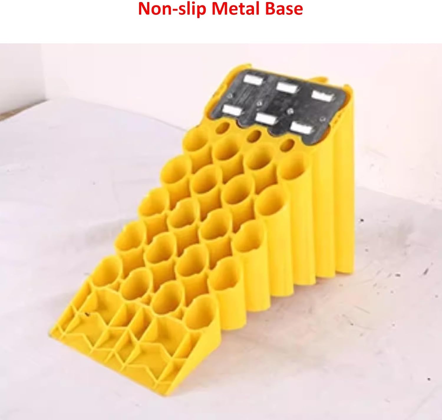 Wheel Chocks, Tire Blocks with Metal Non-Slip Base for RV & Trailer, Fit for Most Tyre Sizes, Carrying Handle, Eye-catching Yellow Color
