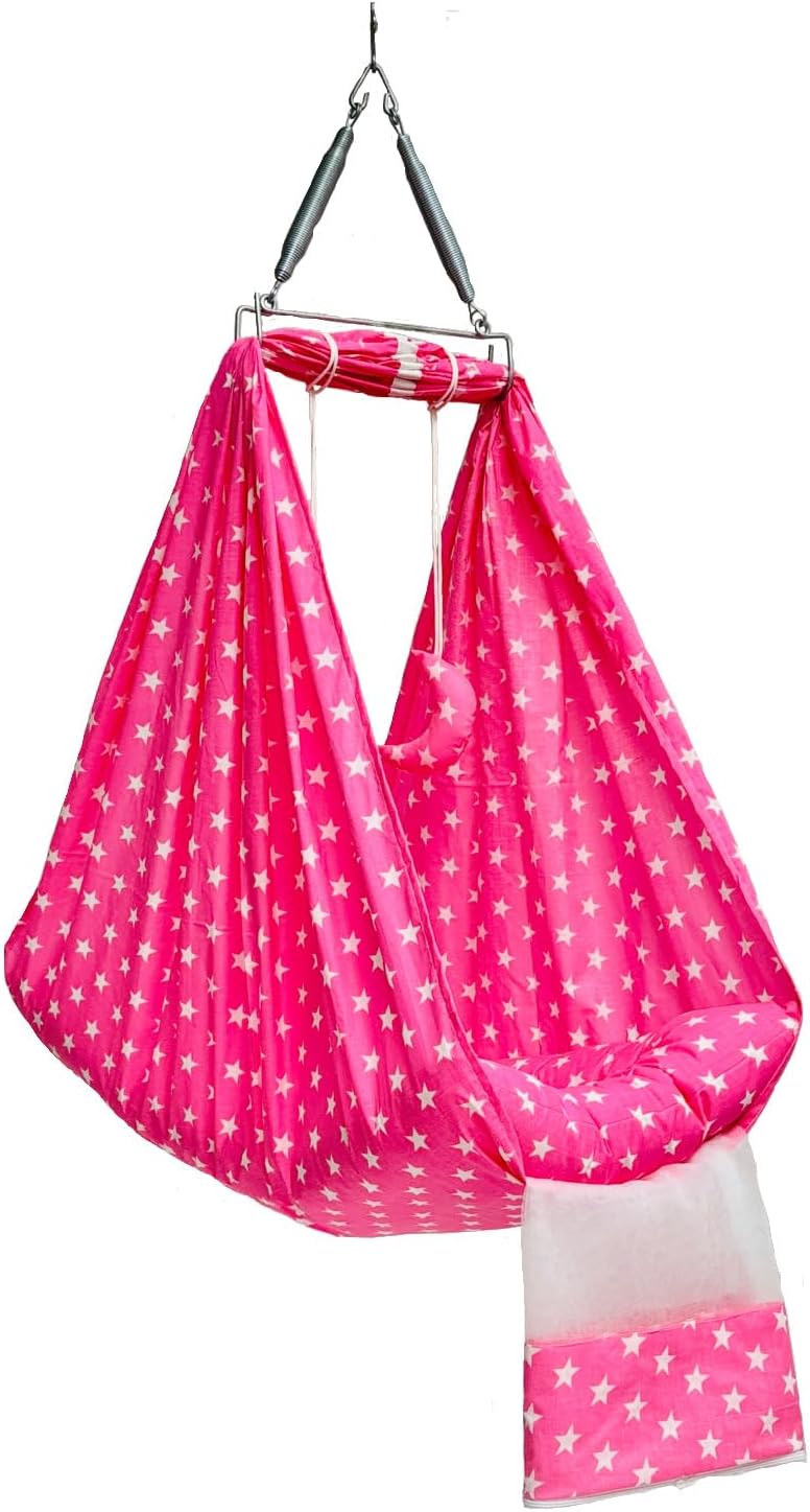 Little Chime Cradle (Jhula) with Spring, Hanger, Mosquito Net and Cradle Cloth (Pink)