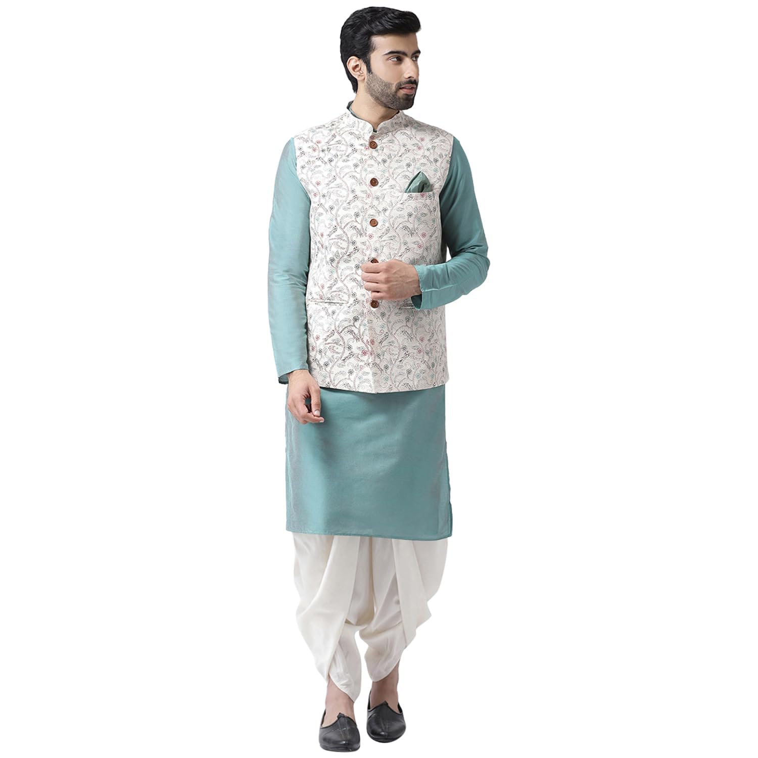 Men Multi Coloured Printed Cotton Blend Kurta Jacket Dhoti Set With Kantha Print