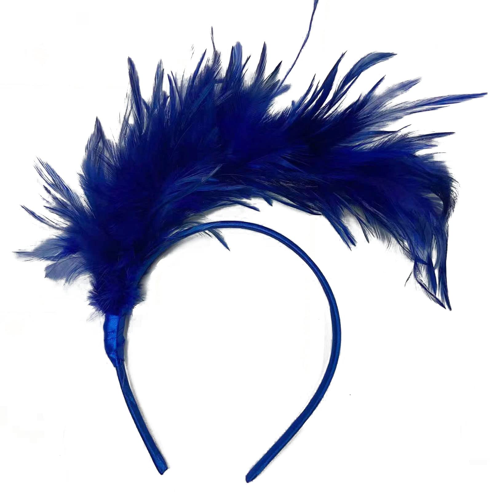Ranuw Women's Royal Blue Feather Headband 1920S Mardi Gras Headband Flapper Feather Headband Flapper Headpiece Burlesque Headpiece With Feathers Flapper Headpiece 1920S