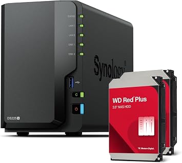 Synology DS225+ 2-Bay Diskstation NAS Intel Celeron J4125 Quad-Core, 2 GB Non-ECC DDR4 SODIMM 1 x 2,5 GbE und 1 x 1 GbE RJ-45 LAN-Port 12TB Bundle with 2X 6TB WD Red Plus