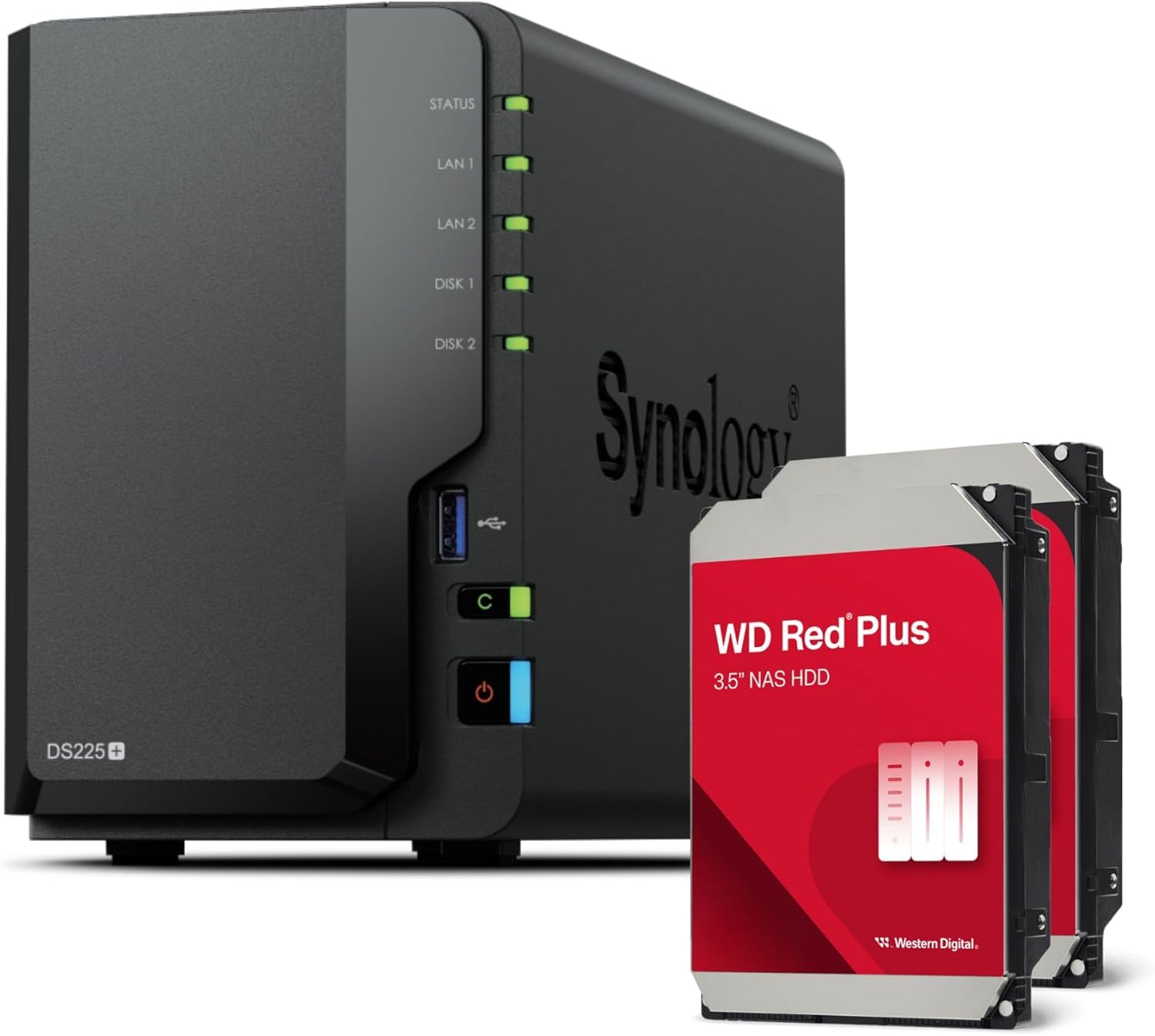 Synology DS225+ 2-Bay Diskstation NAS (Intel Celeron J4125 Quad-Core, 2 GB Non-ECC DDR4 SODIMM 1 x 2,5 GbE i 1 x 1 GbE RJ-45 LAN-Port) Pakiet 12 TB z 2 x 6 TB WD Red Plus