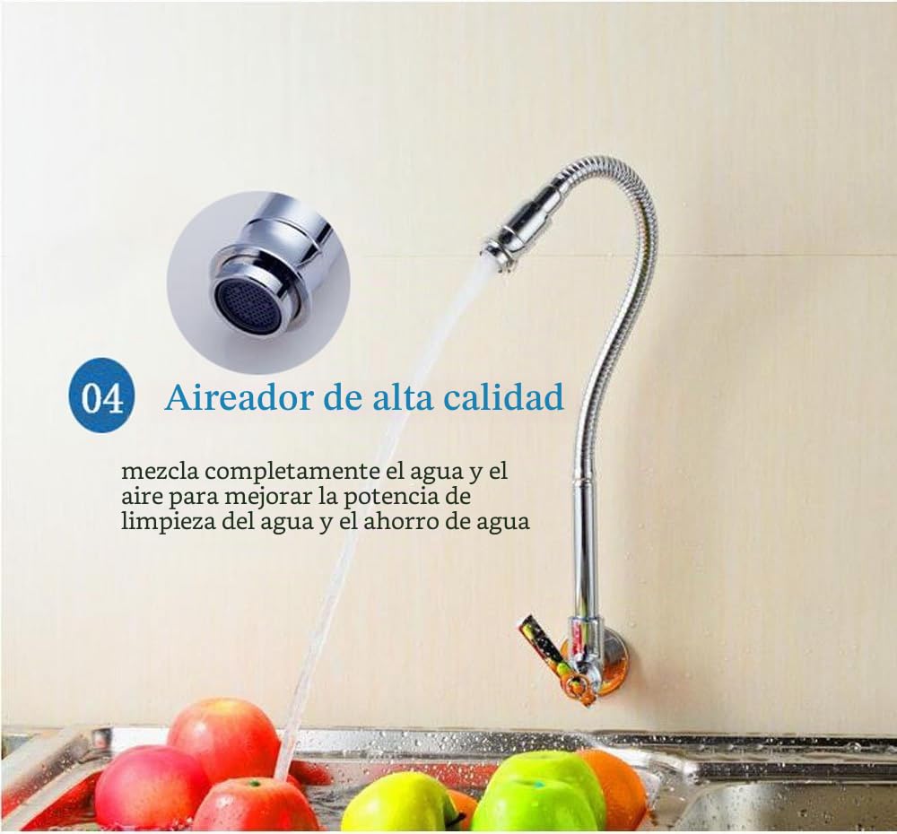 Inchant - Grifo de pared para cocina con agua fría, acabado cromado y cuerpo de latón, giratorio 360°, giratorio