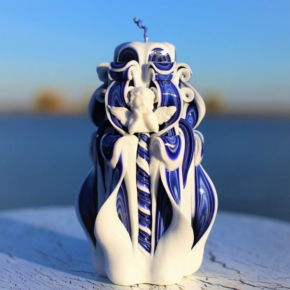 Carved Candles Blue with Christmas Angel, Handmade Candle Christmas Gift-Oscar Candles