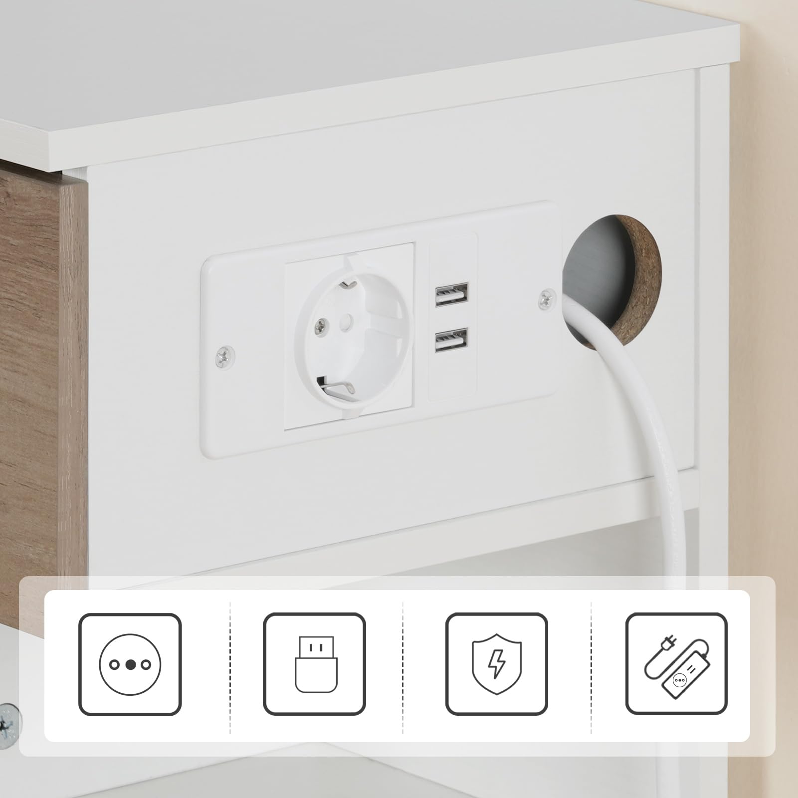 HOOBRO Tables de Chevet Suspendue Lot de 2, Tables de Nuit Murale avec Station de Charge et Tiroir Rabattable, 1 Prise Standard et 2 Ports USB, Blanc et Gris EWG127CBZP201