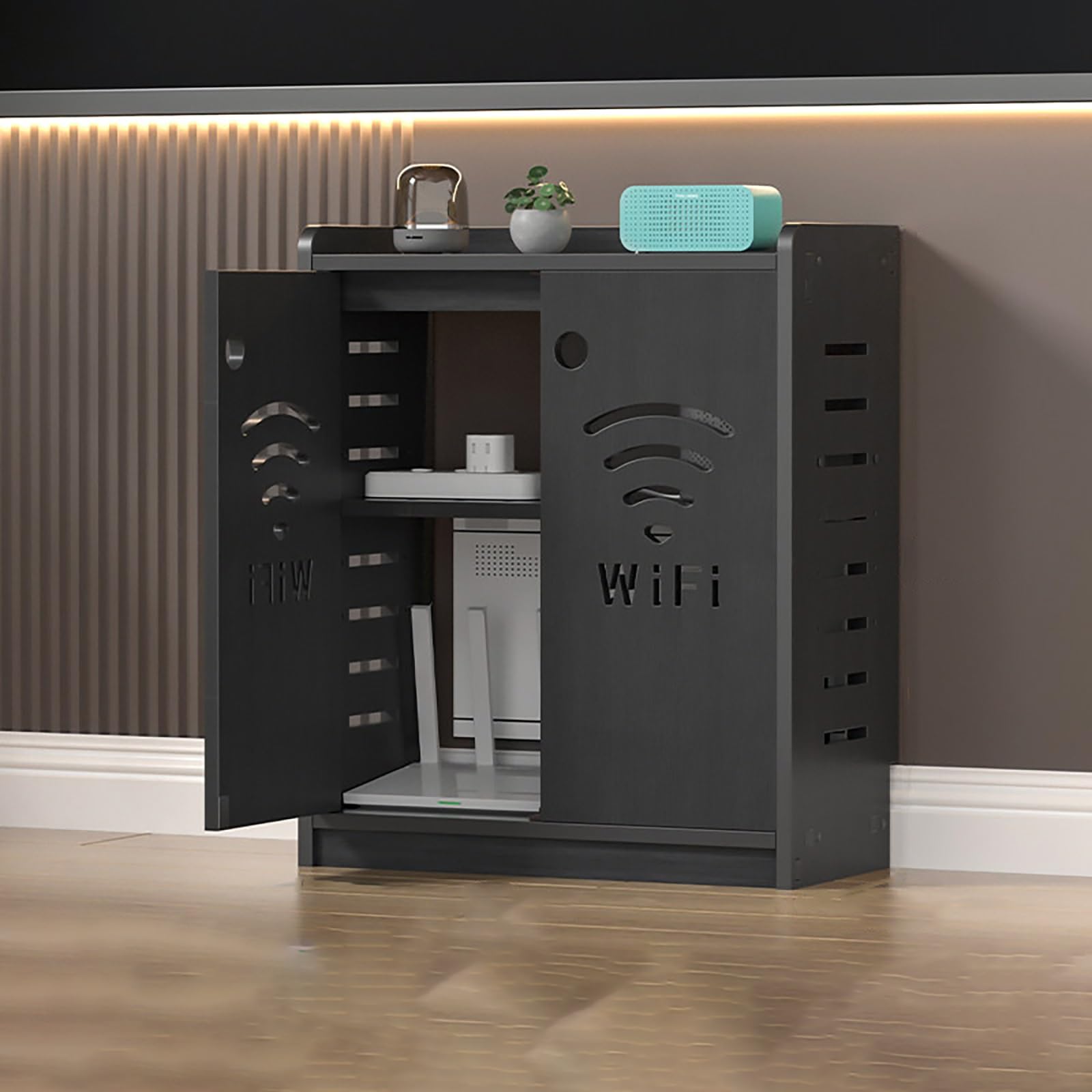 WiFi Scatola di Immagazzinaggio del Router Mobiletto Portaoggetti per Router Wi-Fi con Anta e Ripiani per Soggiorno e Ufficio.(Black,50x25x60cm)