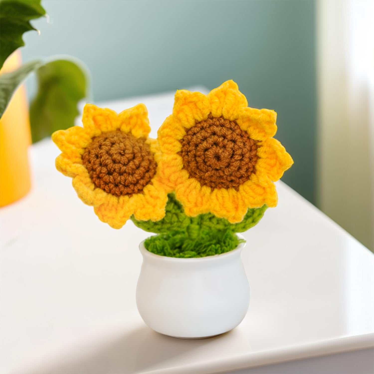 Nostrae by Ekhasa Cute Sunflower Crochet Flowers Pot for Car Dashboard | Knitted Flowers Vase Pot with Flowers for Table, Office, Home Decor | Fabric, Yarn Crochet Flower Bouquet | Crochet Gifts