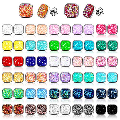 Hicarer 32 Pairs Square Druzy Stud Earrings Bohemian Square Stud Stainless Steel Pierced Earrings Jewelry for Women Mother's Day Gift