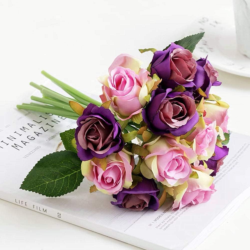 Elegant Artificial Roses Bouquet, 12 Heads, Silk Flowers, Perfect for Home, Office, Parties, Bridal and Wedding Decorations, Gift for Friends, Family, Lovers, Purple, Realistic and Long-Lasting