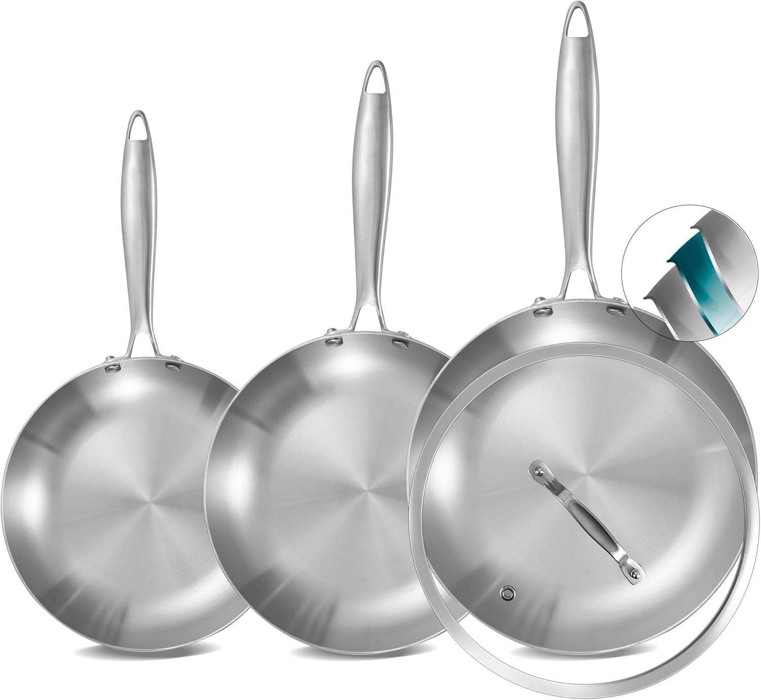 Inqibee 3-teiliges Pfannen-Set aus Edelstahl, 20 + 24 + 28 cm, mit 1 Deckel, Kochgeschirr aus Edelstahl, einfache Reinigung, spülmaschinenfest, geeignet für Backofen, Induktion, Gas und alle Herdarten