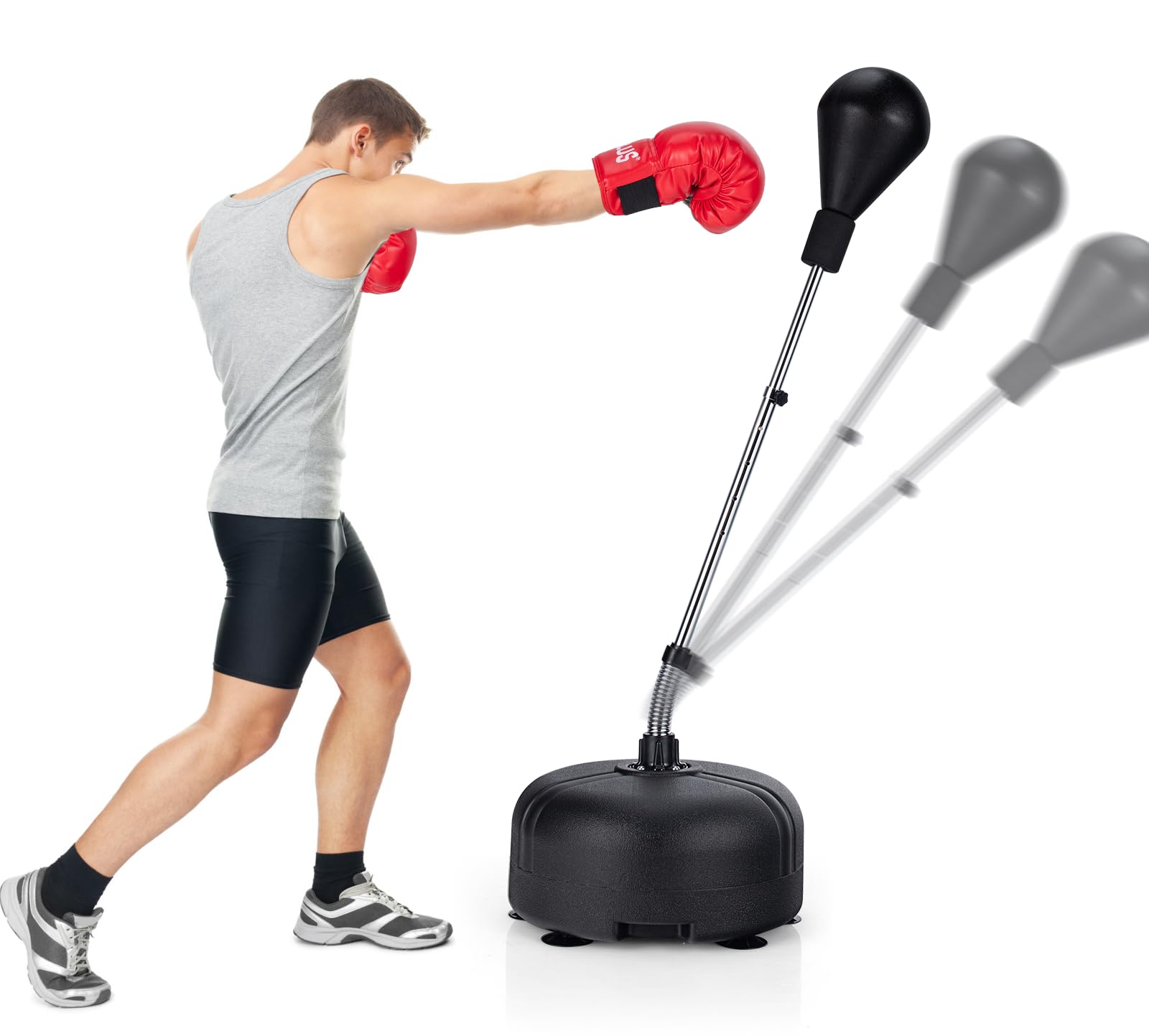 SPOTRAVEL Freestanding Punching Bag, Integrated PU Reflex Bag with 6 Suction Cups, Stable Base and Gloves, Height Adjustable Boxing Equipment for Stress Relief & Fitness (Black)