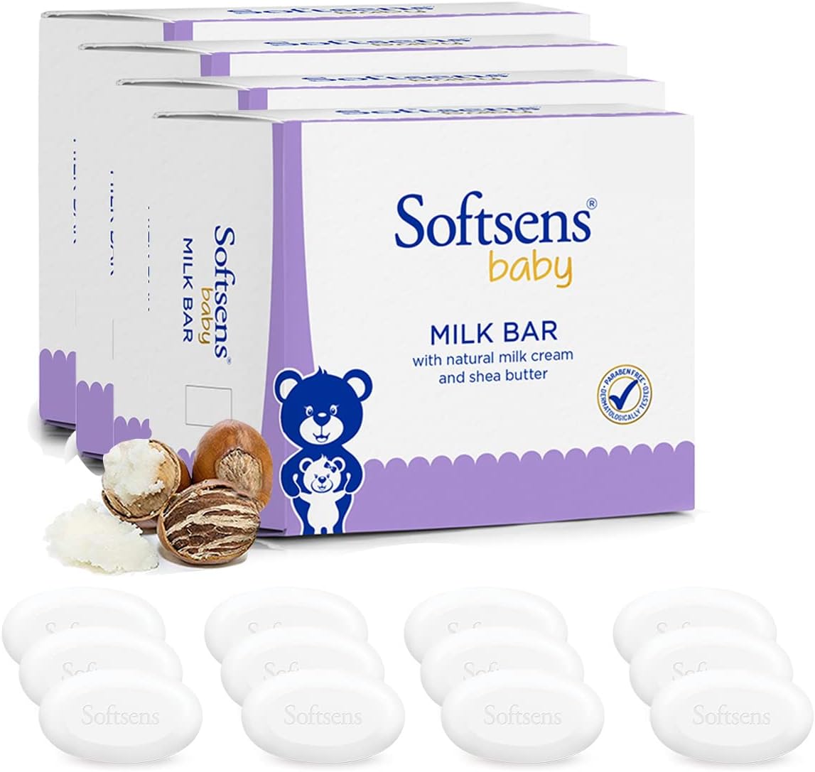 Softsens Baby Soap - Milk Bar Soap with Natural Milk Cream & Shea Butter, 100gx3 (Pack of 4, 12 Soaps)